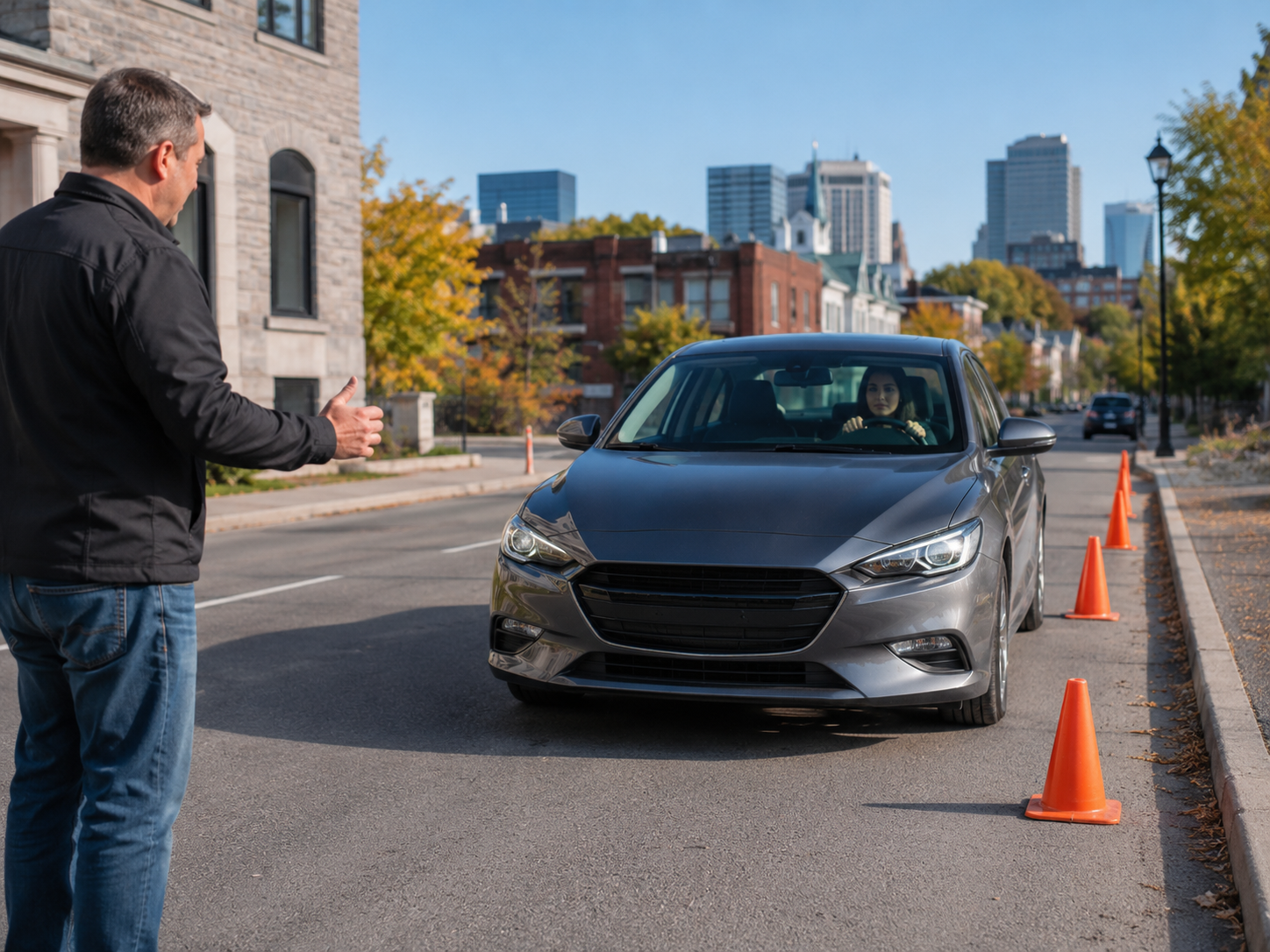 Cours de conduite urbain à Montréal avec cônes de pratique