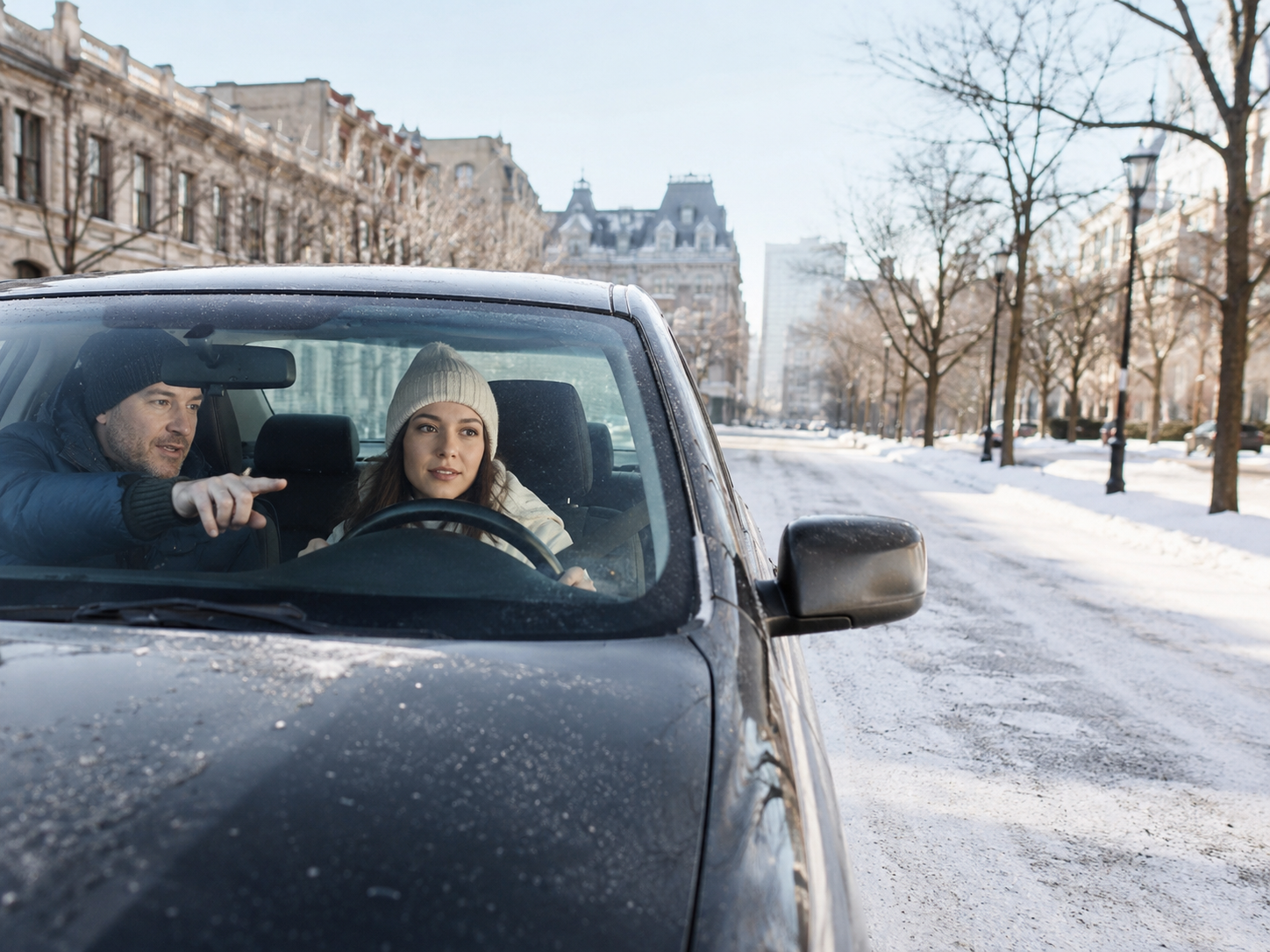 Leçon de conduite hivernale sur une rue enneigée à Montréal